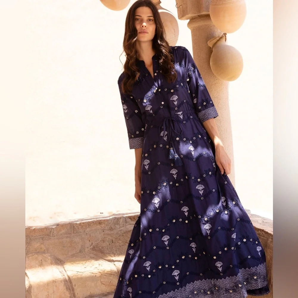 Oliphant Camden Navy Cinched Shirt Maxi Dress • Size M • SOLD OUT • NWOT - Picture 3 of 11